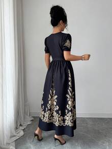 Rafferiza Women Summer Black Gold Retro Floral Pattern Elegant Palace Style Dress,Round Neck Short Sleeve Fitted Waist Full Skirt For Autumn Party Holiday - Black Gold - View 2