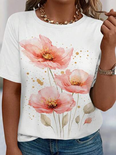EMERY ROSE Plus Size Women Casual Watercolor Floral Print Round Neck Short Sleeve T-Shirt