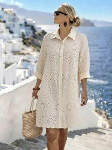 Parysyn 大码女式梭织休闲镂空刺绣夏季衬衫 - 杏色 - 查看 3