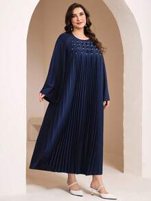 Veilorie 大码女士优雅纯色喇叭袖仿珍珠装饰褶皱宽松阿拉伯风格连衣裙 - 藏蓝色 - 查看 5