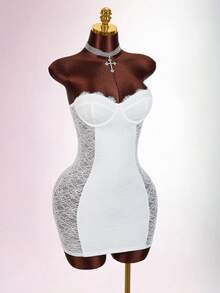 Amplova Vestido mini ajustado transparente con detalles de encaje para fiesta - Blanco - Ver 11