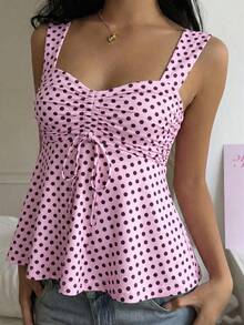 CovetEZ 2026 Spring/Summer New Women's Apparel: Pink Contrast Brown Polka Dot Sweet Cute Casual Versatile Ruffled Drawstring Blouse/Tank Top,Pink Top - Pink - View 3