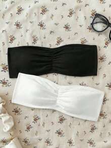 SHEIN 2 件装青少年女孩简约舒适加垫皱纹透气吊带背心文胸套装 - 黑與白 - 查看 1