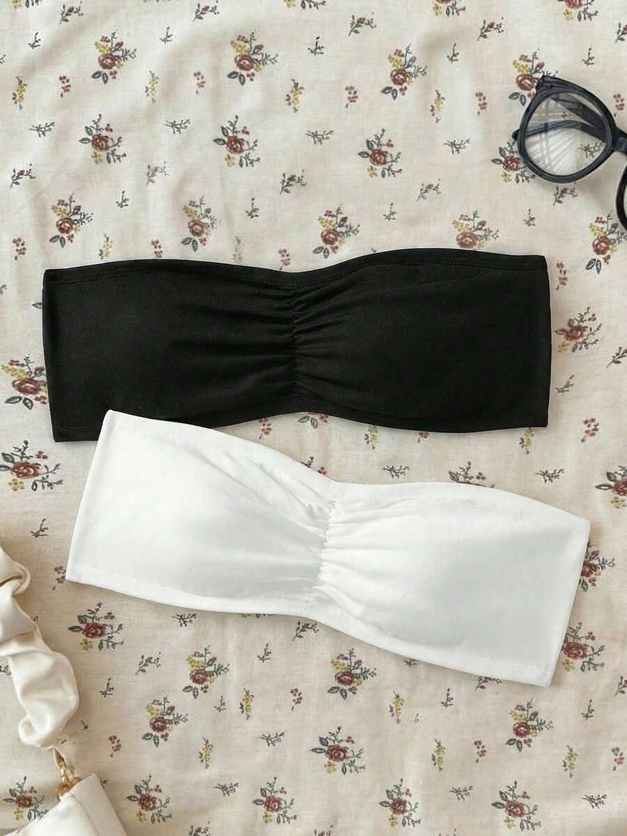 SHEIN 2 件装青少年女孩简约舒适加垫皱纹透气吊带背心文胸套装 - 黑與白 - 查看 1