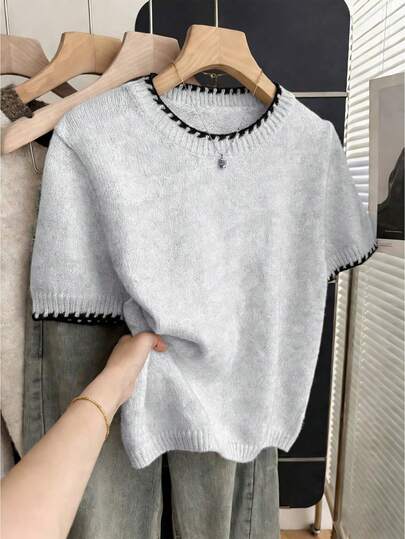Franclia French Retro Loose Round Neck Short Sleeve Colorblock Knit Top, Beige, For Women, Spring/Autumn Short Sleeve Sweater Grey Top Knit Tops Sweater Top Knit Top Women Gray Tops For Women