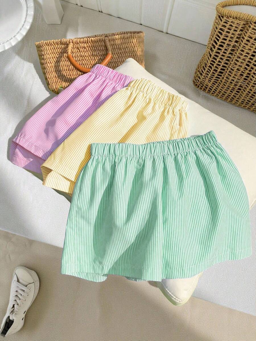 SHEIN 3pcs/Set Tween Girl Casual Street Woven Striped Straight Shorts,Kids - Multicolor - View 1