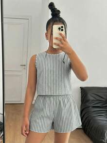 SHEIN 少女休闲日常蓝色条纹蝴蝶结露背背心和短裤两件套 - 橄欖綠 - 查看 6