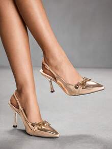 CUCCOO SZL Chaussures à talons hauts à bout pointu avec décoration de mors de cheval en matériau PU doré métallique champagne. Élégantes et minimalistes, conviennent pour le travail, les sorties, les rassemblements, les fêtes, les mariages et d'autres occasions. - Or rose - Voir 8