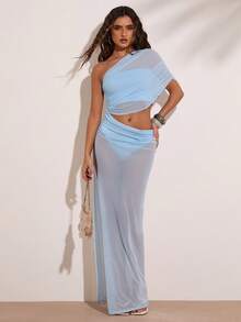 SHEIN BAE Đầm nữ kiểu dáng thường ngày, vai lệch, xếp ly eo, gấu khoét, thích hợp cho kỳ nghỉ biển, kỳ nghỉ cùng bạn bè, đi chơi thường ngày, hẹn hò, hẹn hò lãng mạn, tiệc cocktail, tiệc brunch. - Màu xanh nhạt - Xem 1