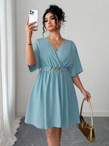 Elenzga 女士休闲V领收腰短款优雅红色晚礼服，夏季 - 淺藍色 - 查看 1