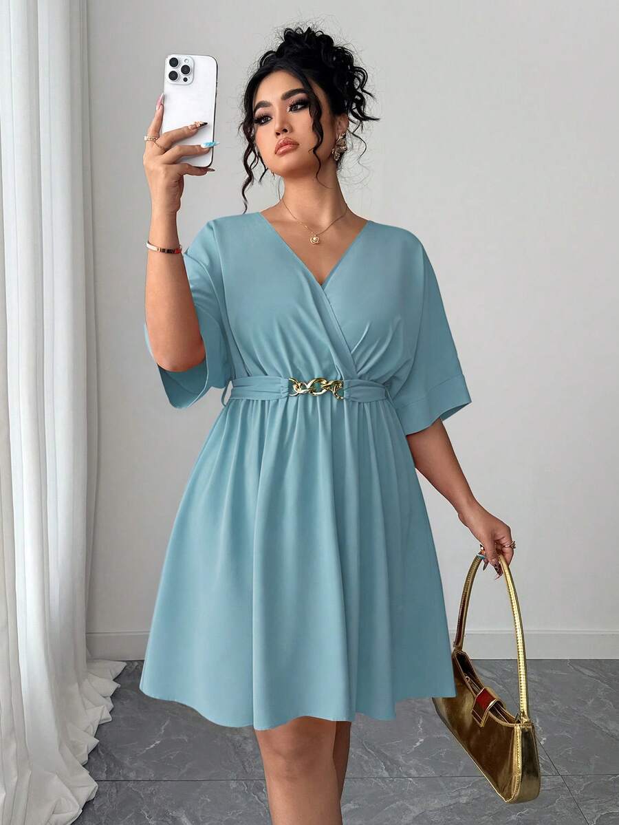 Elenzga 女士休闲V领收腰短款优雅红色晚礼服，夏季 - 淺藍色 - 查看 1