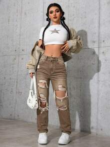SHEIN ICON 女士做旧时尚牛仔裤 - 棕色 - 查看 7
