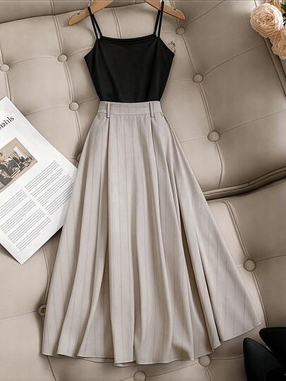 GlowEve CURVE 大码女式休闲通勤百搭纯黑色弹力吊带背心+条纹高腰长裙，优雅度假休闲复古约会套装，两件套，夏季新品