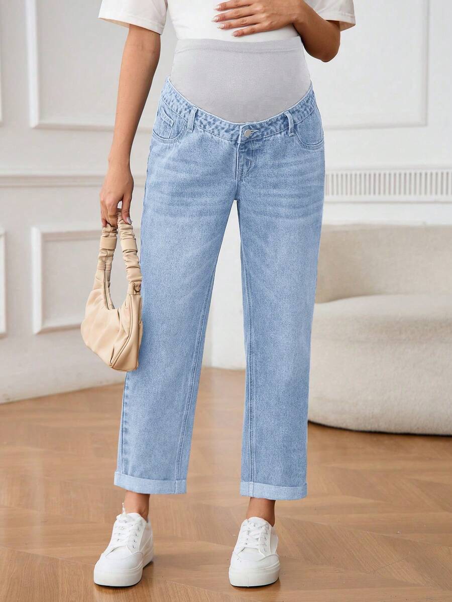 SHEIN Maternity Solid Color Casual Jeans - Light Wash - View 1