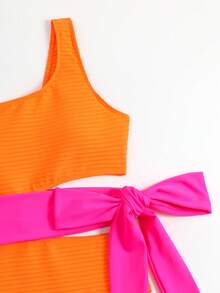 Swim SXY Áo tắm liền thân dệt kim jacquard không gọng, kiểu cổ yếm buộc dây, cạp cao, thích hợp cho kỳ nghỉ biển, phong cách thường ngày, mùa xuân/hè. - trái cam - Xem 6