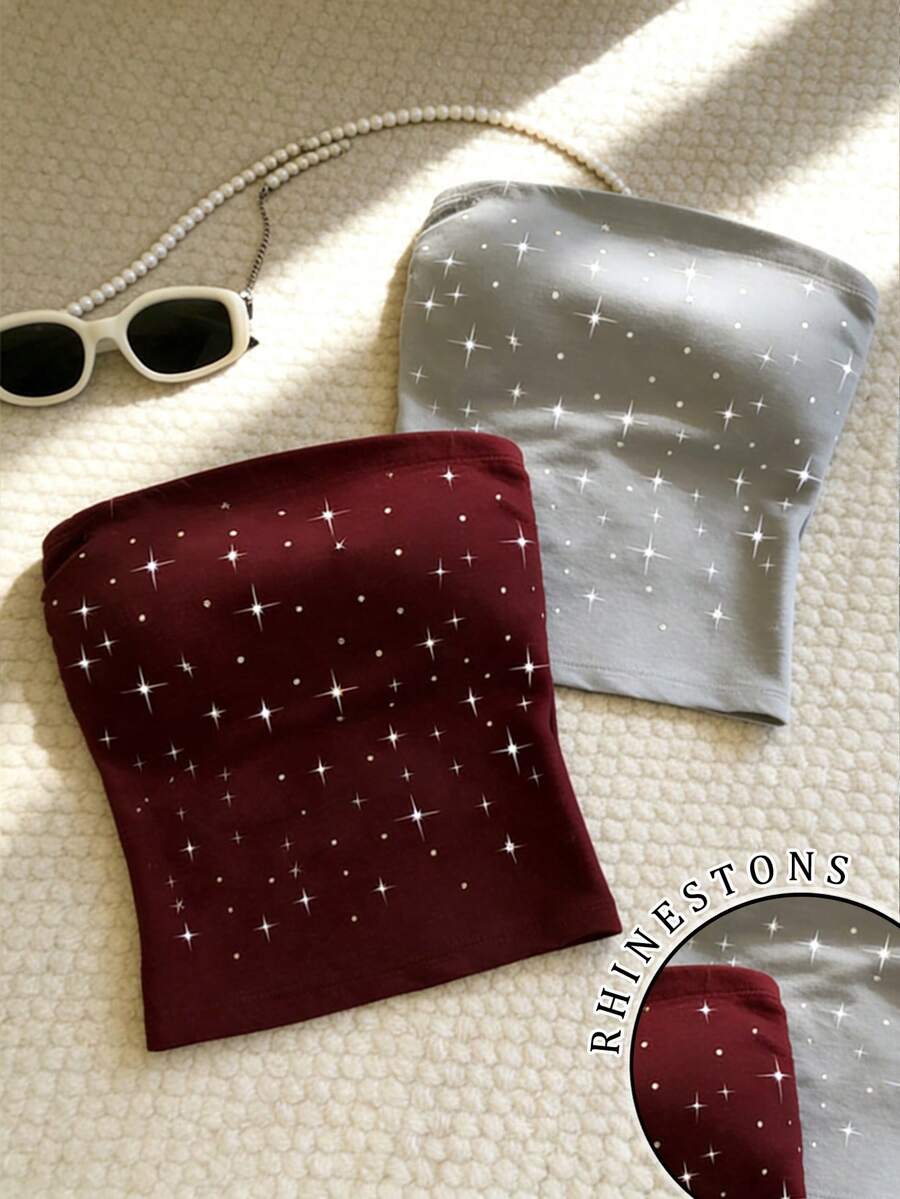 Resyla Set de 2 tops cortos decorados con rhinestones de alta calidad para mujeres - Multicolor - Ver 1