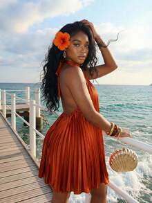 Slaydiva 早春新款，春夏音乐节，情人节，复活节，波西米亚风，游牧风，休闲，简约基础款，邮轮派对，生日派对，日常约会，休闲度假，优雅通勤，吊带，前片，镂空露背大褶裙，褶裙，迷你裙，橙色连衣裙，亮面面料，女士迷你连衣裙 -A - 鏽棕色 - 查看 9
