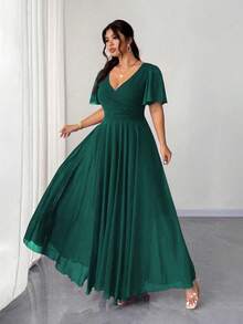 Elenzga 大码女式雪纺荷叶边袖 V 领 A 字形连衣裙，简约优雅浪漫飘逸 - 墨綠色 - 查看 3