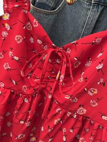 Franclia Áo tank top không tay dáng rộng thắt eo họa tiết hoa nhí ngọt ngào dành cho nữ, áo hai dây họa tiết hoa đỏ mặc hàng ngày, áo hai dây họa tiết hoa nhí đỏ cho mùa lễ hội. - Đỏ - Xem 5