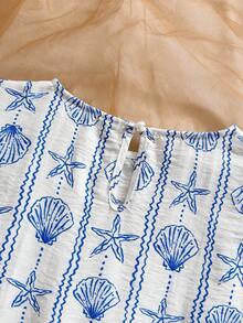 Soleia Spring/Summer New Arrival Back To School Casual Vacation Western Beach Wedding Guest Attire Graduation Brunch Women's Wear St. Patrick's Day Spring Break Easter Music Festival Elegant Boho Tropical Chic Ocean Shell Print Blue & White Ruffle Sleeve Pleated Women Blouse - Multicolor - View 5