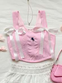 Comfortcana 2026 Frühling/Sommer Neue Mode Damen Western Stil Schnürung Bestickte Crop Top, Rosa Anliegende Bustier, Vintage Stil für Neujahr, Weihnachten, Erntedankfest Party - Pink - Übersicht 4