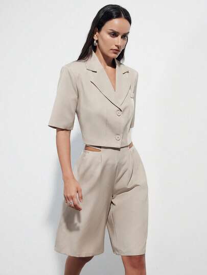 Aveloria Modichic Women's Khaki Cropped Blazer Jacket With Shorts, Loose Fit Suit Set