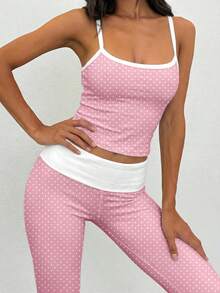 SHEIN EZwear Summer New Contrast Color Camisole And Pants Set, Suitable For Spring Outdoor Wear, Pink Polka Dot Cute Two Piece 2 - Multicolor - View 6