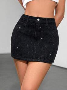 SHEIN ICON 女士纯色水钻装饰斜插口袋休闲牛仔裙 - 黑色 - 查看 3