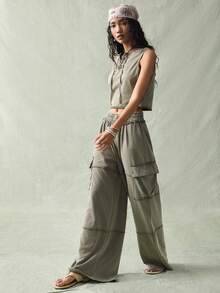 SoleilVie 女士圆领抽绳水洗复古休闲两件套 - 綠色 - 查看 5