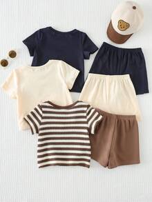Cozy Pixies Bộ 6 món cho bé trai gồm áo tay ngắn cổ tròn in hình gấu hoạt hình và quần short cạp chun. - Nhiều màu - Xem 2