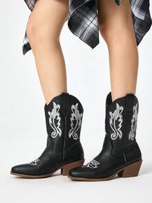 Fairycore Botas Femininas Rosa Estilo Western, Com Bico Fino, Decote Em V E Salto Grosso, Bordado. Tamancos De Salto Baixo, Botas De Montaria E Botas De Cano Curto Para A Primavera. - Linha grossa preta - Ver 3