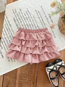 SHEIN Babygirl Summer Cute Vacation Casual Versatile Pink Ruffle Elastic Waist Mini Skirt - Pink - View 8