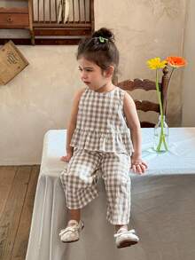 LMoss Kids 女婴格纹荷叶边休闲衬衫和宽松阔腿裤套装 - 灰色 - 查看 1