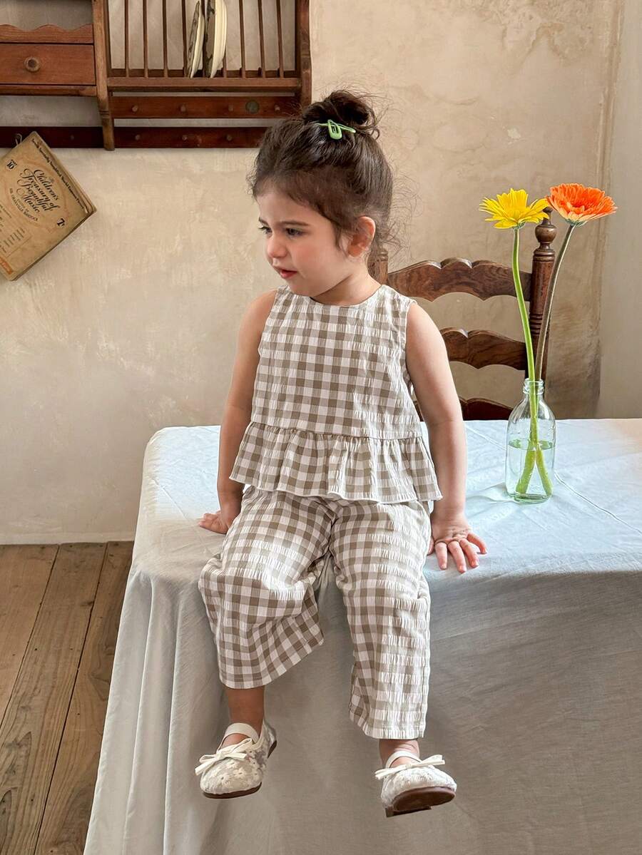 LMoss Kids 女婴格纹荷叶边休闲衬衫和宽松阔腿裤套装 - 灰色 - 查看 1