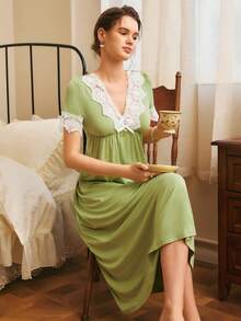 Côtesoire Women's French V-Neck Contrast Color Embroidered Lace Patchwork Short Sleeve Waist Cinched A-Line Long Nightgown - Olive Green - View 4