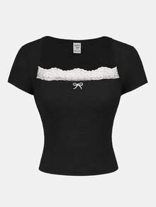 SHEIN Tween Girl Black Collar Splice White Lace Trim Fitted Top T-Shirt, Y2K Style - Black - View 2