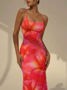 RiviMae 女士长款印花连衣裙，性感低胸露背吊带修身鱼尾裙，适合夏季度假 - 橘色 - 查看 2