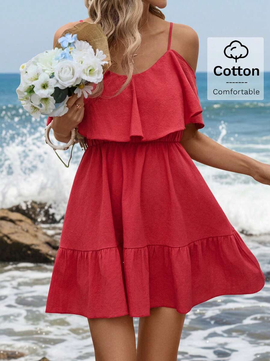 SHEIN Clasi 女士新款优雅吊带露肩舒适纯棉纯色深红色A字连衣裙，适合女性节日、送给妈妈的优雅礼物、节日装扮、海滩约会之夜、荷叶边连衣裙、海滩度假装扮、夏季女士度假装扮、度假风格、女士度假装扮、海滩度假装扮、女士夏季装扮、女士夏季连衣裙，适合假日、下午茶、婚礼季、海滩游轮度假、城市自驾游度假、波西米亚风度假、音乐节、沙滩装、复活节、纯棉连衣裙、女士夏季连衣裙、女士休闲连衣裙、女士假日连衣裙、田园风连衣裙。 - 紅色 - 查看 1