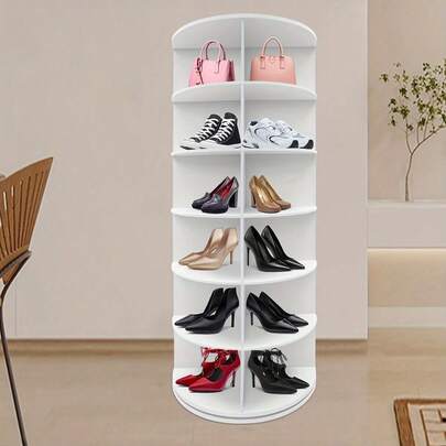 6-Tier Heavy Duty Rotating Shoe Rack Tower, 360° Rotating Shelf Storage Rack, White Scratch-Resistant Plastic Material, Space-Saving Round Design, Multi-Purpose Shoe And Bag Storage, Easy Assembly, Self-Supporting Structure, Suitable For Home/Entryway/Office, Sturdy And Durable, Wobble-Free, Minimalist Aesthetics Adapts To Various Decor Styles, Entryway Storage Rack, Home Storage, Modern Storage Unit, Multi-Tier Shelf, Apartment Residents, Small Apartment Living