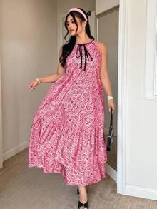 Celure Plus Size French Rose Print Pink Floral Dress,Sleeveless Irregular Ruffle Hem Flared Skirt,Cute Summer Holiday Beach Vacation,Date Party - Pink - View 7
