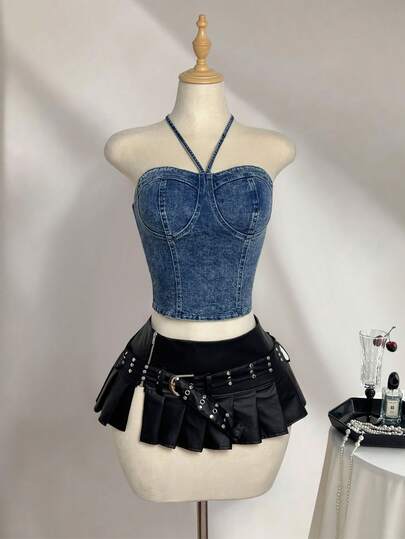 Elamini Fashionable Casual Neck Tie Washed Denim Cropped Top