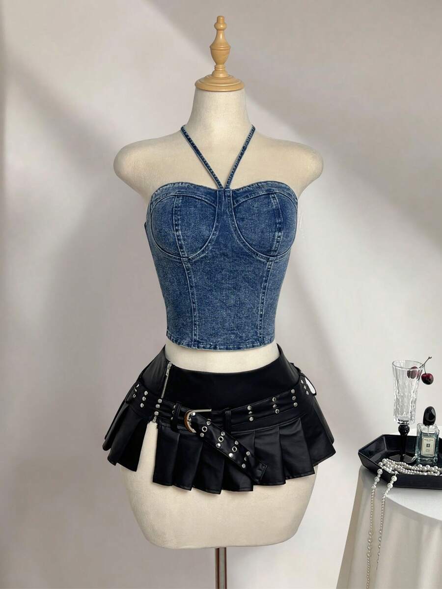 Elamini Fashionable Casual Neck Tie Washed Denim Cropped Top - Dark Wash - View 1