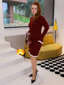 Gretanique Fashionable Ruffled Hem Women Sweater Dress, Suitable For Dates And Vacations - Burgundy - View 6