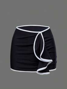 Swim Oasis 3 piezas Conjunto de bikini y falda de baño de unicolor con decoración de estrella de mar metálica, de estilo minimalista y elegante para el verano y las vacaciones en la playa - Blanco y Negro - Ver 5