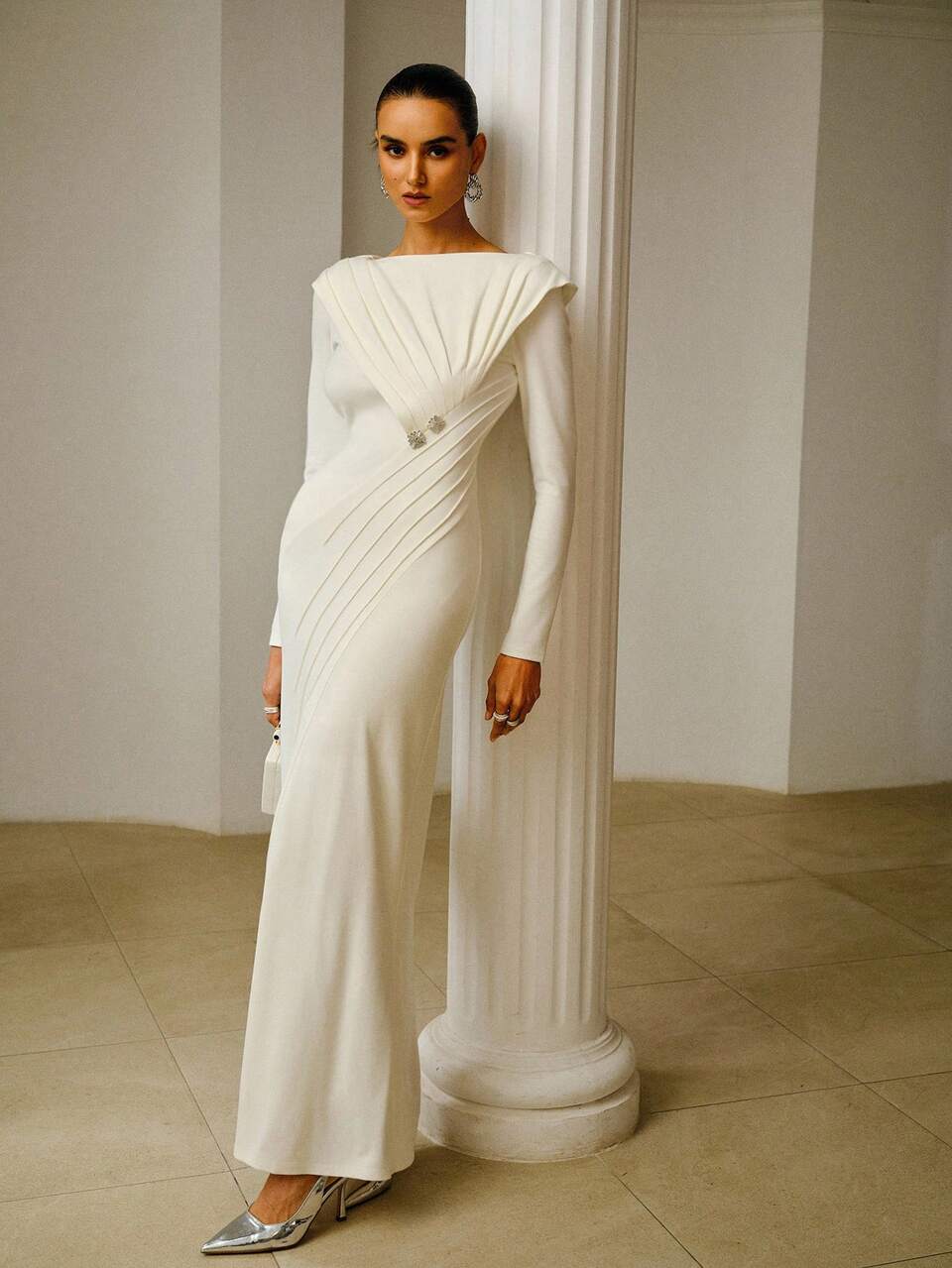 ZEYLAH Asymmetric Ruffle Structure Off Shoulder Long Sleeve Dress, Spring/Summer