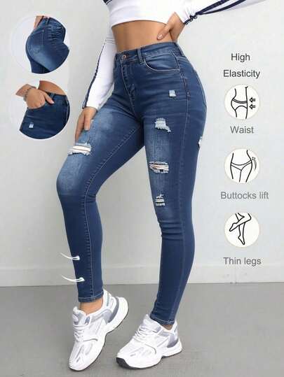 Jeans skinny tiro alto mezclilla ajustados casual urbano stretch bolsillos traseros. Jeans de Tiro Alto para Mujer - Pantalones de Campana de Denim Elástico Azul Elegante con Diseño Clásico de Cinco Bolsillos, Tejido de Poliéster Cómodo para Uso Diario. Jeans skinny tiro alto mezclilla stretch roto casual urbano ajustado temporada primavera verano. Jeans ajustados de cintura alta en azul marino , tela suave y elástica, ideal para estilos casuales. Jeans Roto Casual Color Azul