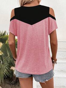 SHEIN LUNE Color Block Open Shoulder T-Shirt Graphic Tees Women Tops - Multicolor - View 2