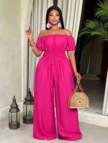 SOLERSUN 这款大码女装时尚纯色纹理面料露肩短袖上衣，配有抽绳腰带和宽松直筒阔腿裤，两件套设计独特，简约休闲，百搭实用，适合春、夏、秋季穿着。无论是购物、聚会、野餐、海滩度假、浪漫约会，还是其他场合，都是您的理想之选。 - 玫紅色 - 查看 4