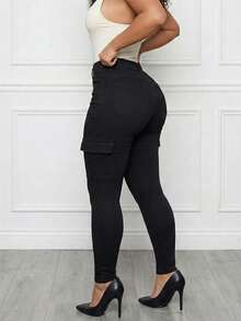 EMERY ROSE Women's Casual Fashion Street Snap Flap Pocket Skinny Cargo Jeans - Black - View 4