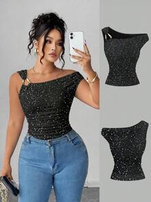 Elenzga Áo thun nữ cỡ lớn chất liệu vải bóng mới, cổ áo bất đối xứng, ôm dáng, đa năng, thích hợp mặc thường ngày, mùa xuân/hè. - màu đen - Xem 1